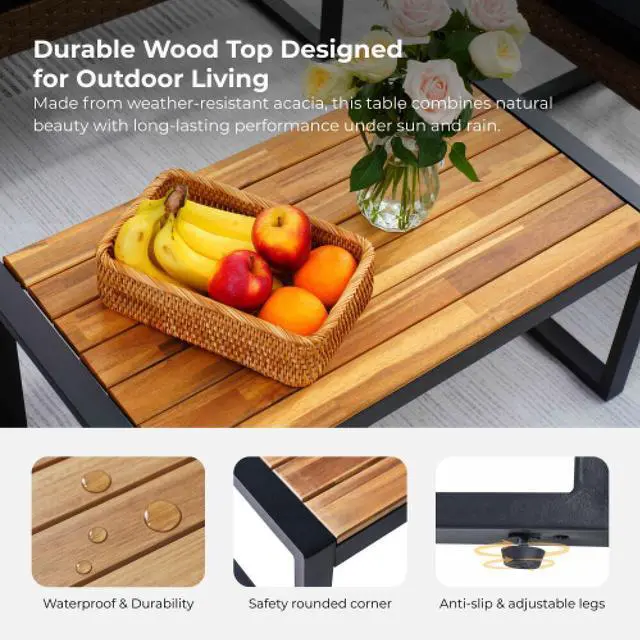 Alt view image 5 of 7 - 4-Piece Patio Furniture Set Outdoor Balcony Porch Garden Backyard Lawn Furniture Acacia Wood Table Top, Morden Black and Light Brown