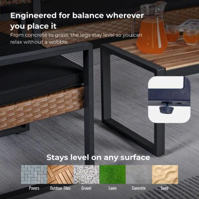 Alt view image 7 of 7 - 4-Piece Patio Furniture Set Outdoor Balcony Porch Garden Backyard Lawn Furniture Acacia Wood Table Top, Morden Black and Light Brown