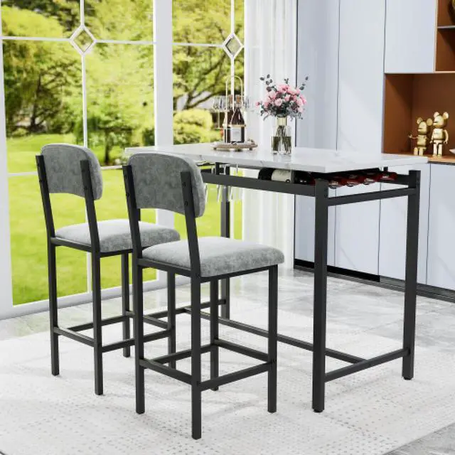 Alt view image 2 of 6 - Modern Dining Table and Chairs for 2, Marble Finishes Dining Table Set with 2 Upholstered Chairs, Kitchen Table Set Bar Pub Set for Breakfast Nook, Dining Room, Rustic Black, Grey Chair