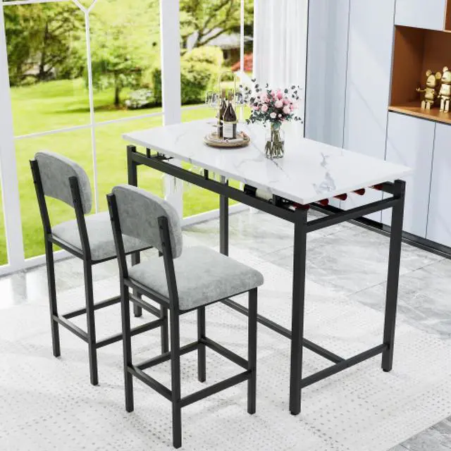 Main image of Modern Dining Table and Chairs for 2, Marble Finishes Dining Table Set with 2 Upholstered Chairs, Kitchen Table Set Bar Pub Set for Breakfast Nook, Dining Room, Rustic Black, Grey Chair
