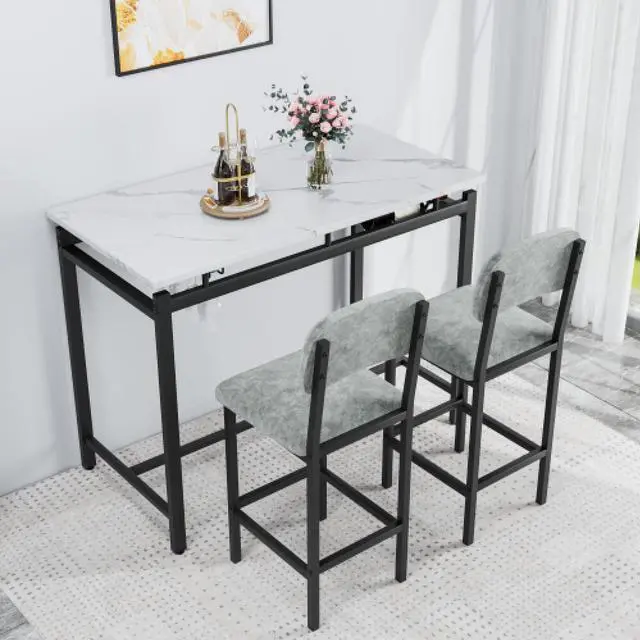 Alt view image 3 of 6 - Modern Dining Table and Chairs for 2, Marble Finishes Dining Table Set with 2 Upholstered Chairs, Kitchen Table Set Bar Pub Set for Breakfast Nook, Dining Room, Rustic Black, Grey Chair