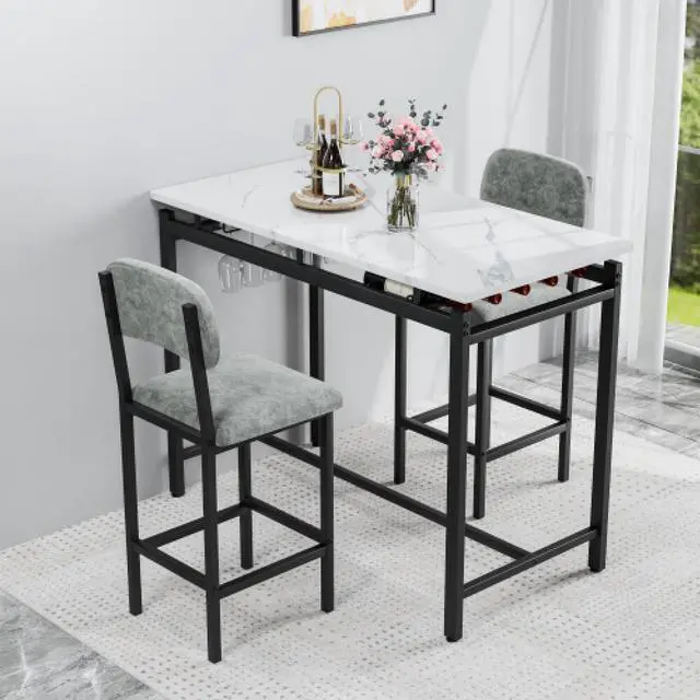 Alt view image 4 of 6 - Modern Dining Table and Chairs for 2, Marble Finishes Dining Table Set with 2 Upholstered Chairs, Kitchen Table Set Bar Pub Set for Breakfast Nook, Dining Room, Rustic Black, Grey Chair