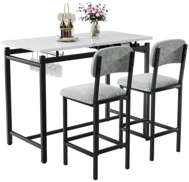Alt view image 6 of 6 - Modern Dining Table and Chairs for 2, Marble Finishes Dining Table Set with 2 Upholstered Chairs, Kitchen Table Set Bar Pub Set for Breakfast Nook, Dining Room, Rustic Black, Grey Chair