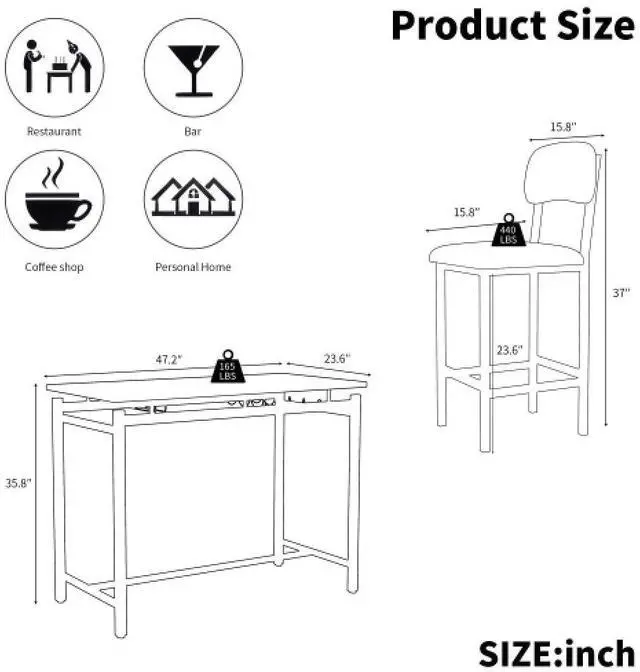 Alt view image 5 of 6 - Modern Dining Table and Chairs for 2, Marble Finishes Dining Table Set with 2 Upholstered Chairs, Kitchen Table Set Bar Pub Set for Breakfast Nook, Dining Room, Rustic Black, Grey Chair
