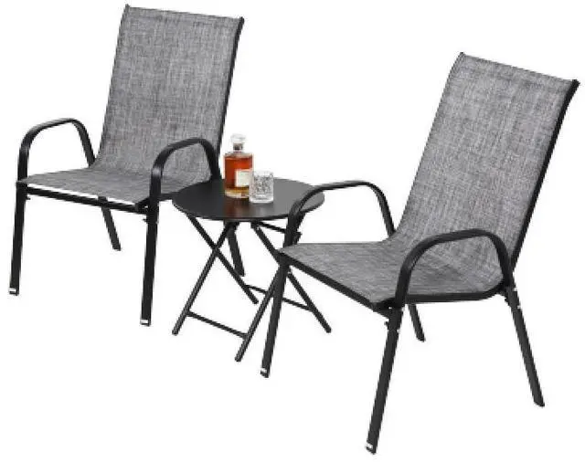 Alt view image 2 of 6 - 3 Piece Patio set, Outdoor Camping Chairs with Breathable Textilene Fabric, folding table with steel table top, 2chairs and 1table set 
( Grey)
