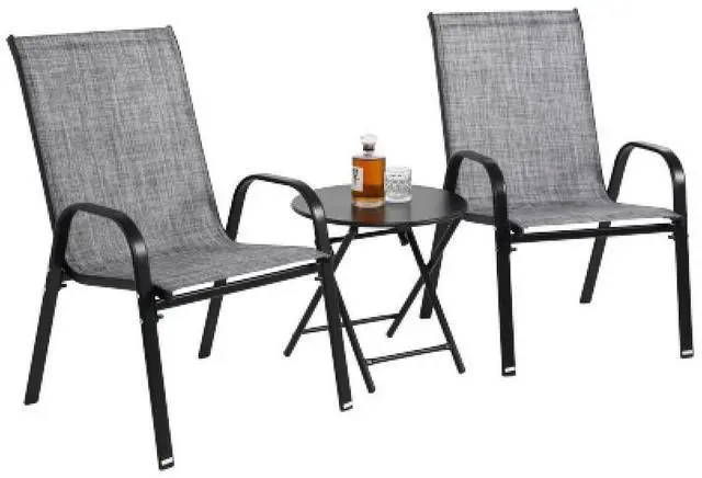 Alt view image 3 of 6 - 3 Piece Patio set, Outdoor Camping Chairs with Breathable Textilene Fabric, folding table with steel table top, 2chairs and 1table set 
( Grey)
