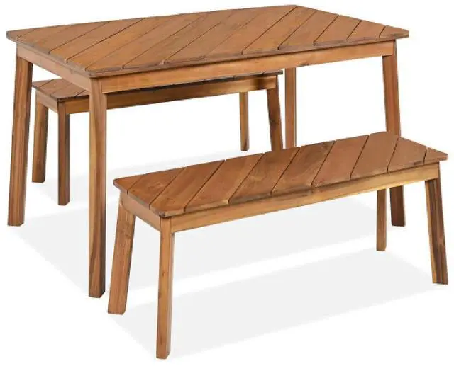 Alt view image 7 of 7 - 3 Pieces Acacia Wood Table Bench Dining Set For Outdoor & Indoor Furniture With 2 Benches, Picnic Beer Table for Patio, Porch, Garden, Poolside, Natural