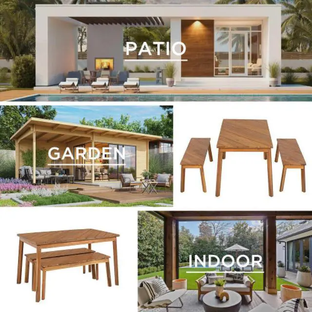 Alt view image 3 of 7 - 3 Pieces Acacia Wood Table Bench Dining Set For Outdoor & Indoor Furniture With 2 Benches, Picnic Beer Table for Patio, Porch, Garden, Poolside, Natural