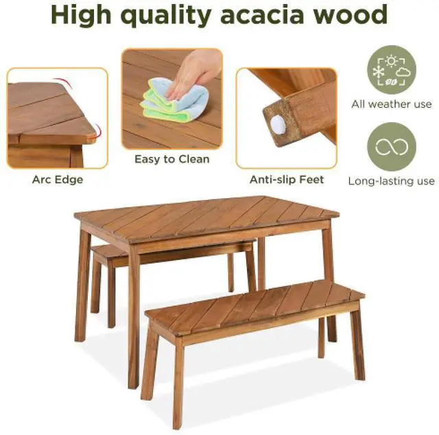 Alt view image 2 of 7 - 3 Pieces Acacia Wood Table Bench Dining Set For Outdoor & Indoor Furniture With 2 Benches, Picnic Beer Table for Patio, Porch, Garden, Poolside, Natural