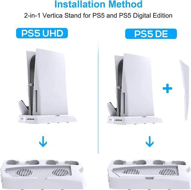 Alt view image 5 of 7 - Vertical Stand with Cooling Fan for PS5  Controller and Playstation 5 Digital Edition,  Charging Station Dock with Controller Charger Ports and Retractable Game Storage for PS5 and DualSense-White