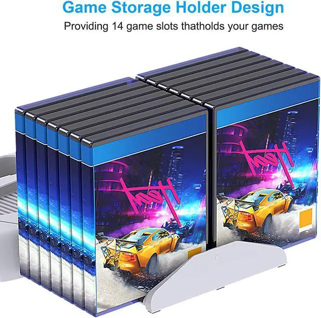 Alt view image 6 of 7 - Vertical Stand with Cooling Fan for PS5  Controller and Playstation 5 Digital Edition,  Charging Station Dock with Controller Charger Ports and Retractable Game Storage for PS5 and DualSense-White