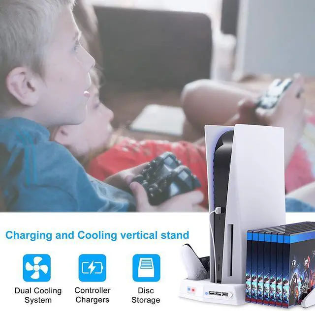 Alt view image 7 of 7 - Vertical Stand with Cooling Fan for PS5  Controller and Playstation 5 Digital Edition,  Charging Station Dock with Controller Charger Ports and Retractable Game Storage for PS5 and DualSense-White