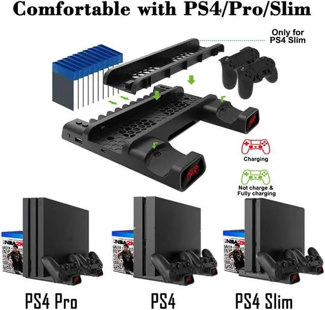 Alt view image 7 of 7 - PS4 Stand Cooling Fan, Dual Controller Charge Station for PS4 Slim/PS4 Pro/Playstation 4, Multifunctional Vertical Cooling Stand with LED Indicators & 10PCS Games Storage & 4 USB Connectors