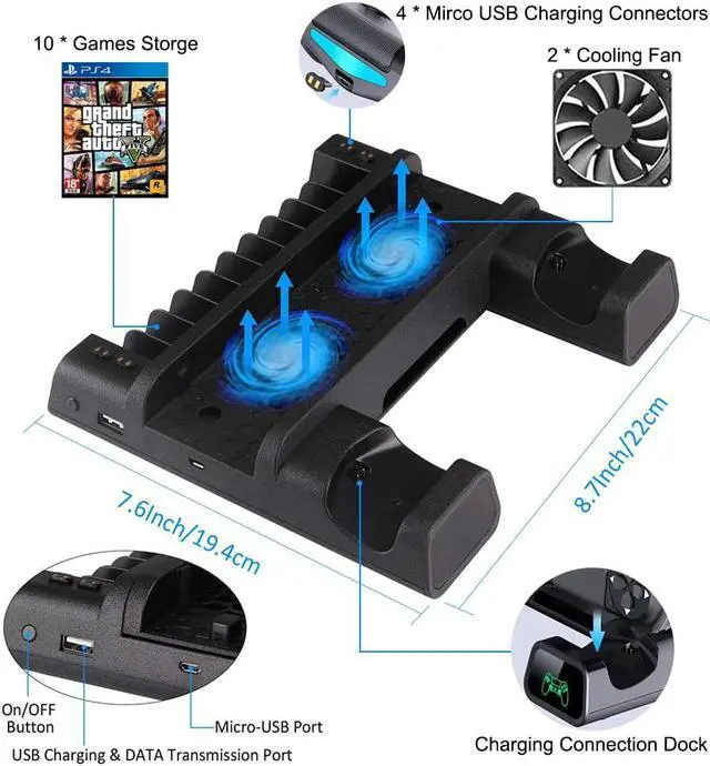 Alt view image 5 of 7 - PS4 Stand Cooling Fan, Dual Controller Charge Station for PS4 Slim/PS4 Pro/Playstation 4, Multifunctional Vertical Cooling Stand with LED Indicators & 10PCS Games Storage & 4 USB Connectors
