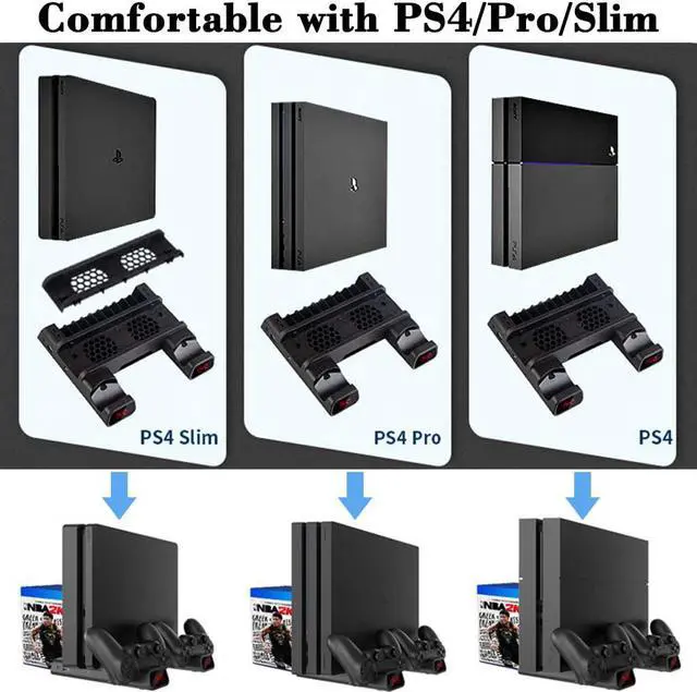 Alt view image 3 of 7 - PS4 Stand Cooling Fan, Dual Controller Charge Station for PS4 Slim/PS4 Pro/Playstation 4, Multifunctional Vertical Cooling Stand with LED Indicators & 10PCS Games Storage & 4 USB Connectors