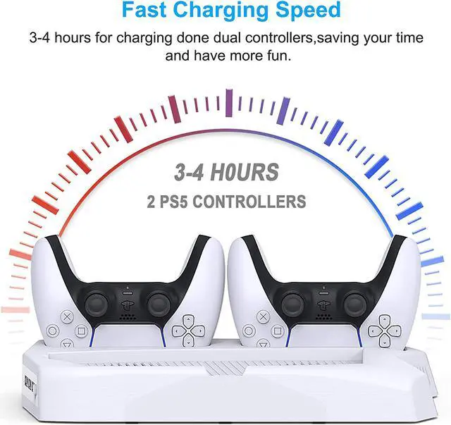 Alt view image 3 of 7 - Vertical Stand with Cooling Fan for PS5  Controller and Playstation 5 Digital Edition,  Charging Station Dock with Controller Charger Ports and Retractable Game Storage for PS5 and DualSense-White