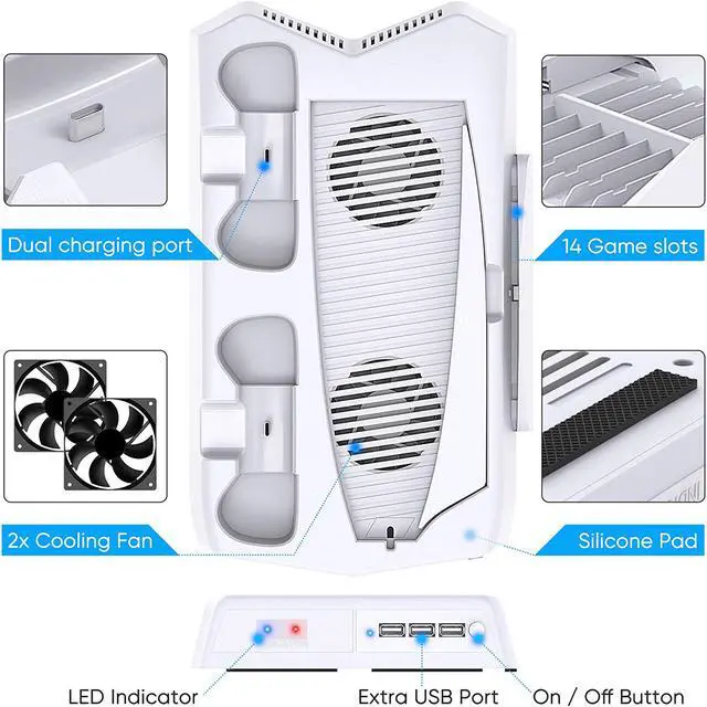 Alt view image 2 of 7 - Vertical Stand with Cooling Fan for PS5  Controller and Playstation 5 Digital Edition,  Charging Station Dock with Controller Charger Ports and Retractable Game Storage for PS5 and DualSense-White