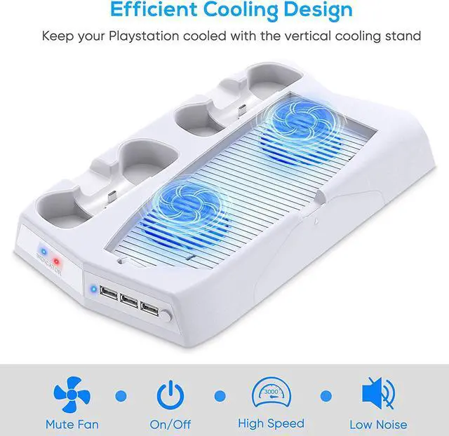 Alt view image 4 of 7 - Vertical Stand with Cooling Fan for PS5  Controller and Playstation 5 Digital Edition,  Charging Station Dock with Controller Charger Ports and Retractable Game Storage for PS5 and DualSense-White
