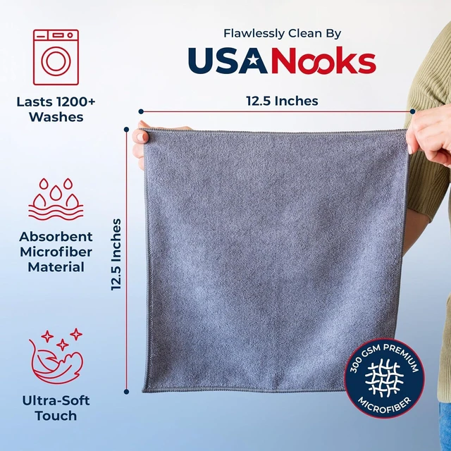 Alt view image 7 of 7 - USANOOKS Microfiber Cleaning Cloth Grey - 12 Pcs (12.5"x12.5") - High Performance - 1200 Washes, Ultra Absorbent Microfiber Towel Weave Grime & Liquid for Streak-Free Mirror Shine - Car Washing Cloth