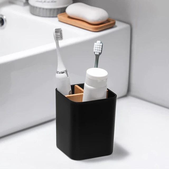 Alt view image 5 of 5 - Bamboo Toothbrush Holder for Bathrooms Toothpaste Organizer - Black