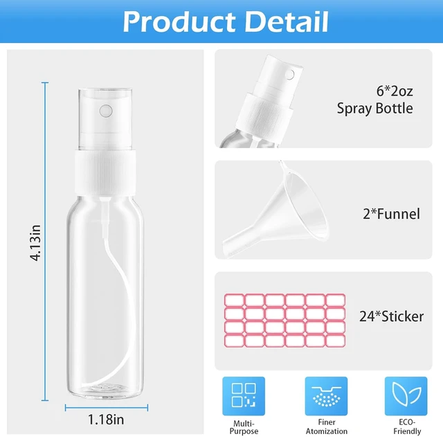 Alt view image 2 of 6 - Zoizocp Spray Bottles, 2oz/50ml 6 Pack Clear Plastic Mini Travel Bottle Set