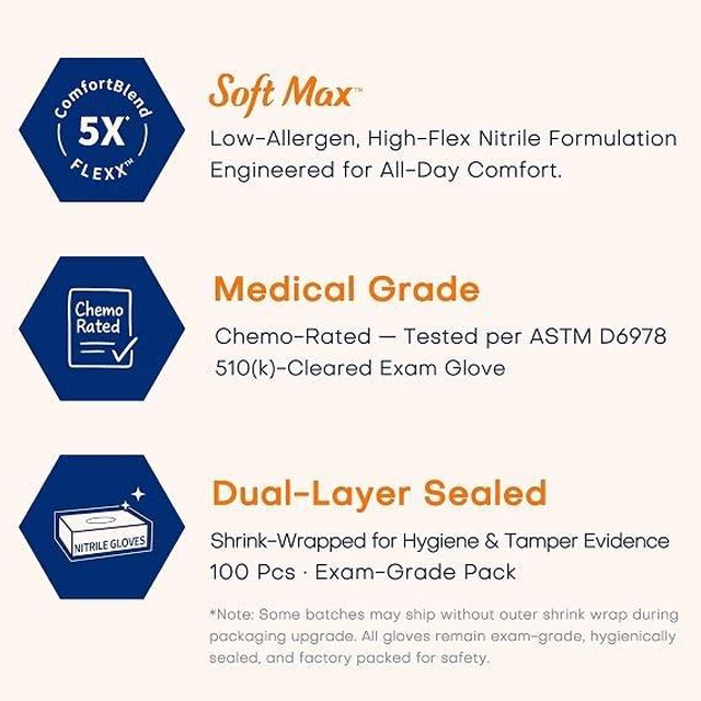 Alt view image 3 of 5 - Supmedic Medical Soft Max Nitrile Exam Gloves Powder-Free Disposable 100 Ct