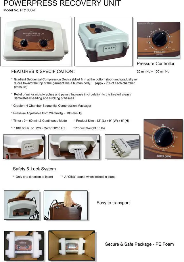 Alt view image 6 of 7 - POWERPRESS RECOVERY UNIT Gradient Sequential Compression Pump w/ 4 Chamber Arm Sleeve Garment Complete Set (Arm with Shoulder). Made in U.S.A.