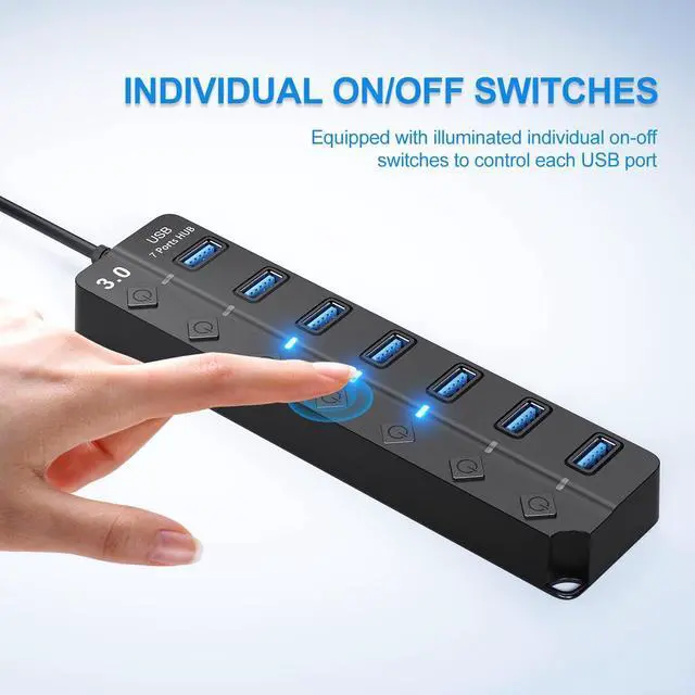 Alt view image 5 of 7 - ONFINIO USB Hub 3.0, 7-Port USB Hub Splitter with Individual On/Off Switches and Lights, 3.2ft/1m Long Cable Compatible with MacBook, Laptop, Surface Pro, PS4, PC, Flash Drive, Mobile HDD