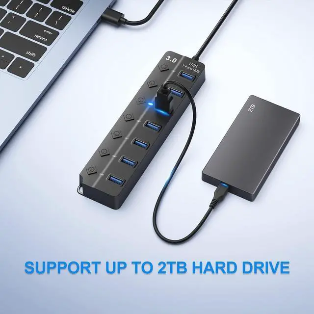 Alt view image 4 of 7 - ONFINIO USB Hub 3.0, 7-Port USB Hub Splitter with Individual On/Off Switches and Lights, 3.2ft/1m Long Cable Compatible with MacBook, Laptop, Surface Pro, PS4, PC, Flash Drive, Mobile HDD