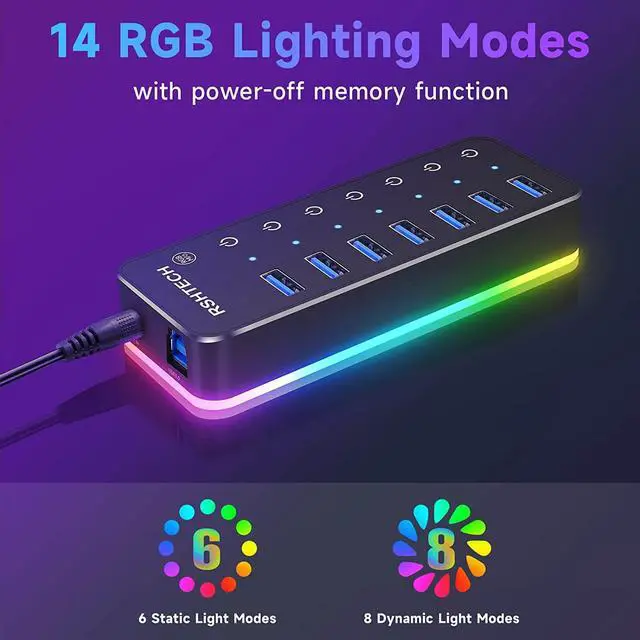 Alt view image 2 of 7 - Powered USB Hub, RSHTECH RGB 7 Ports USB 3.0/USB C Hub with 14 Mode RGB LED Strip, Individual Touch Switches, 3.3ft Cable and 5V/4A Power Adapter, Aluminum Gaming USB Hub for PC and Laptop, RSH-518R