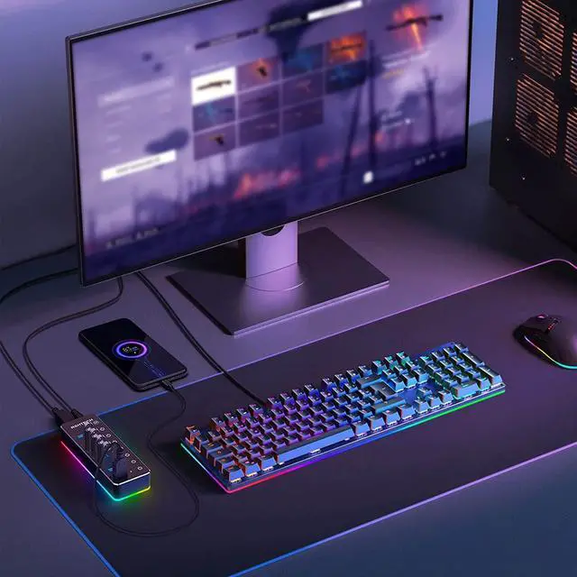 Alt view image 3 of 7 - Powered USB Hub, RSHTECH RGB 7 Ports USB 3.0/USB C Hub with 14 Mode RGB LED Strip, Individual Touch Switches, 3.3ft Cable and 5V/4A Power Adapter, Aluminum Gaming USB Hub for PC and Laptop, RSH-518R