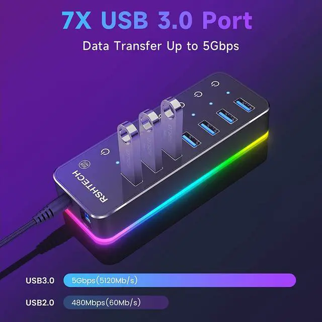 Alt view image 5 of 7 - Powered USB Hub, RSHTECH RGB 7 Ports USB 3.0/USB C Hub with 14 Mode RGB LED Strip, Individual Touch Switches, 3.3ft Cable and 5V/4A Power Adapter, Aluminum Gaming USB Hub for PC and Laptop, RSH-518R