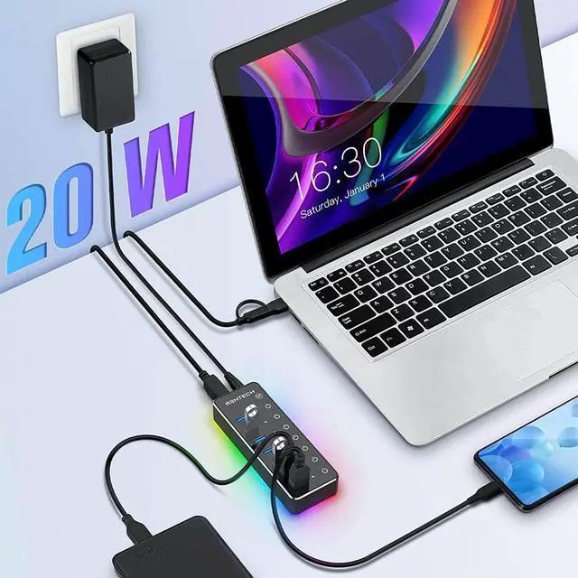 Alt view image 7 of 7 - Powered USB Hub, RSHTECH RGB 7 Ports USB 3.0/USB C Hub with 14 Mode RGB LED Strip, Individual Touch Switches, 3.3ft Cable and 5V/4A Power Adapter, Aluminum Gaming USB Hub for PC and Laptop, RSH-518R