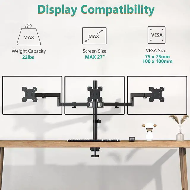 Alt view image 3 of 7 - WALI Triple Monitor Mount, Three Monitor Desk Mount Fits 13-27in Screens,Holds up to 22lbs, Multiple Monitor Stand with Tilt, Swivel, Rotation, VESA 75x75,100x100mm(M003S), Black