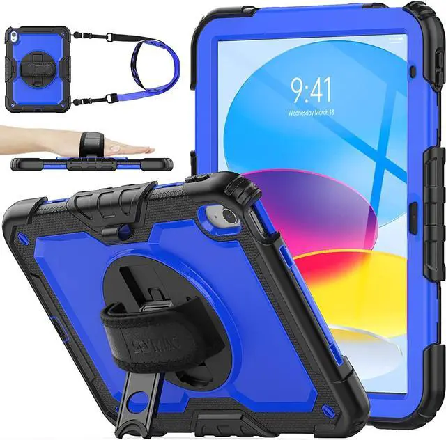 Main image of Pad 10th Generation Case with Screen Protector, Full-Body Protection, 360 Rotate Hand Strap, Blue+Black