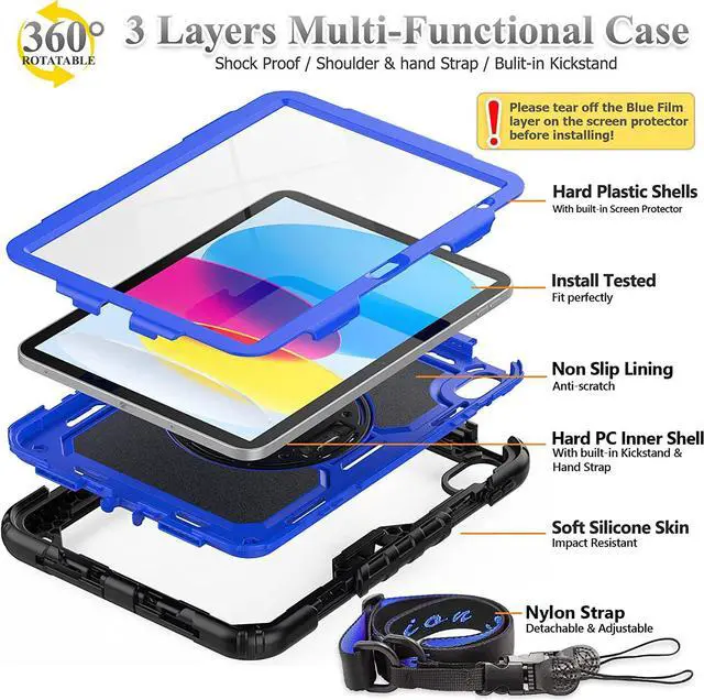 Alt view image 5 of 7 - Pad 10th Generation Case with Screen Protector, Full-Body Protection, 360 Rotate Hand Strap, Blue+Black
