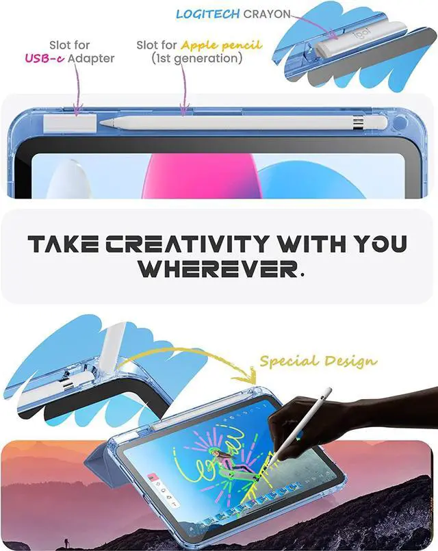 Alt view image 4 of 7 - INFILAND Compatible with iPad (A16) 11th Generation 11 Inch 2025 Case, iPad 10th Generation Case 2022 10.9 Inch 2022, Crystal Clear with Slot for Pencil & Charging Adapter, Cerulean Blue