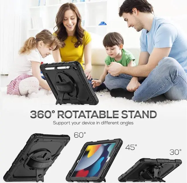 Alt view image 4 of 7 - iPad 9th/ 8th/ 7th Generation Case 10.2" 2021/2020/2019, Full-Body Shockproof Heavy Duty Protective Case with Screen Protector, 360° Rotating Stand/Handle/Shoulder Strap for iPad 10.2, Black