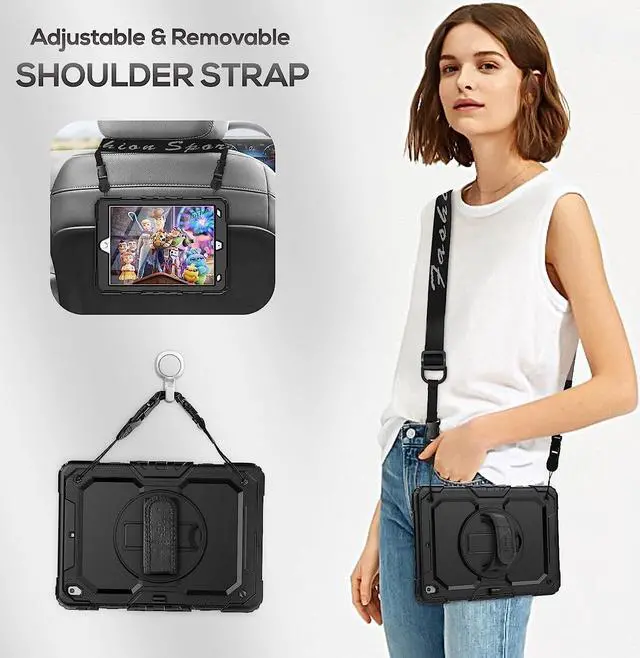 Alt view image 5 of 7 - iPad 9th/ 8th/ 7th Generation Case 10.2" 2021/2020/2019, Full-Body Shockproof Heavy Duty Protective Case with Screen Protector, 360° Rotating Stand/Handle/Shoulder Strap for iPad 10.2, Black