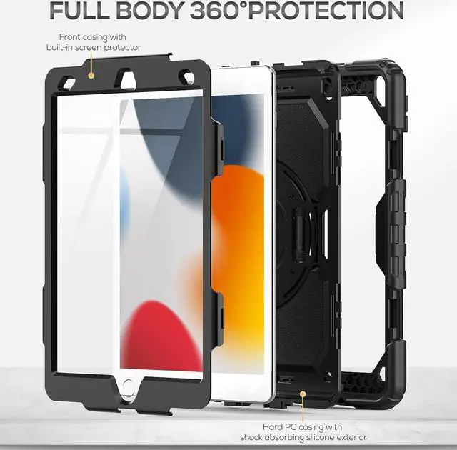 Alt view image 6 of 7 - iPad 9th/ 8th/ 7th Generation Case 10.2" 2021/2020/2019, Full-Body Shockproof Heavy Duty Protective Case with Screen Protector, 360° Rotating Stand/Handle/Shoulder Strap for iPad 10.2, Black