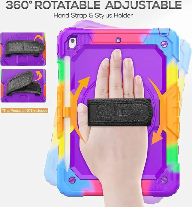 Alt view image 3 of 7 - Kids Case for iPad 9th/8th/7th Generation 10.2 Inch with Screen Protector, Rotatable Hand Strap/Stand, Shoulder Strap, Shockproof Heavy Duty Protective Case for iPad 10.2, Colorful Purple