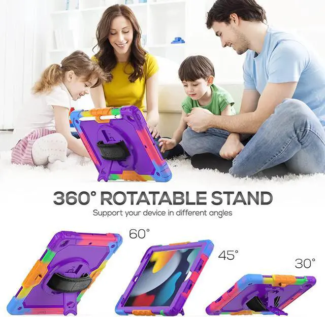 Alt view image 4 of 7 - Kids Case for iPad 9th/8th/7th Generation 10.2 Inch with Screen Protector, Rotatable Hand Strap/Stand, Shoulder Strap, Shockproof Heavy Duty Protective Case for iPad 10.2, Colorful Purple