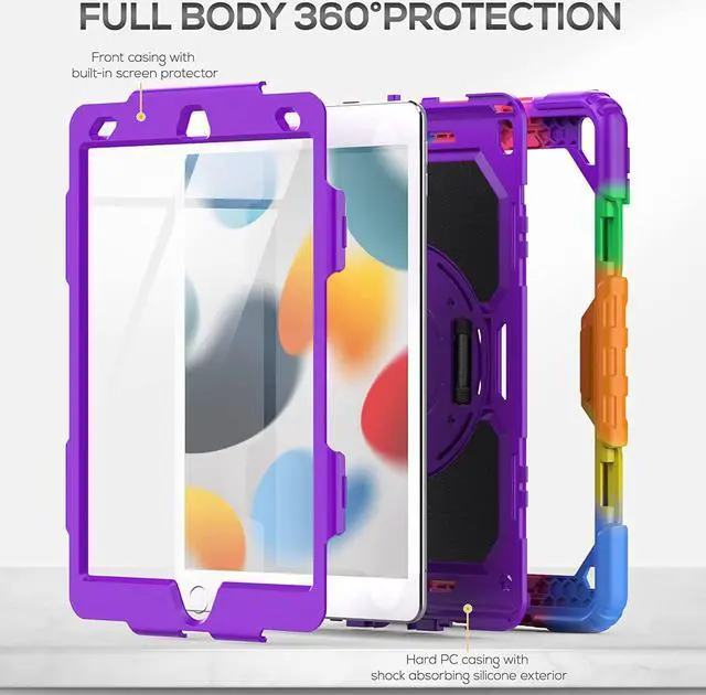Alt view image 6 of 7 - Kids Case for iPad 9th/8th/7th Generation 10.2 Inch with Screen Protector, Rotatable Hand Strap/Stand, Shoulder Strap, Shockproof Heavy Duty Protective Case for iPad 10.2, Colorful Purple