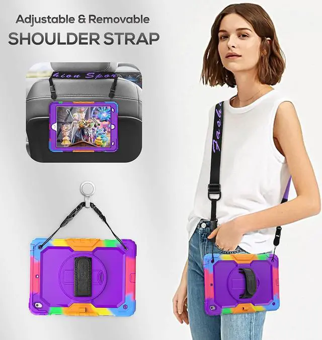 Alt view image 5 of 7 - Kids Case for iPad 9th/8th/7th Generation 10.2 Inch with Screen Protector, Rotatable Hand Strap/Stand, Shoulder Strap, Shockproof Heavy Duty Protective Case for iPad 10.2, Colorful Purple