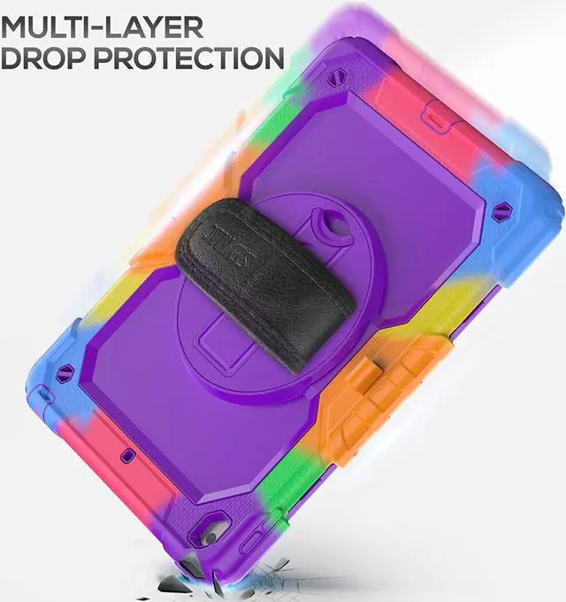 Alt view image 7 of 7 - Kids Case for iPad 9th/8th/7th Generation 10.2 Inch with Screen Protector, Rotatable Hand Strap/Stand, Shoulder Strap, Shockproof Heavy Duty Protective Case for iPad 10.2, Colorful Purple