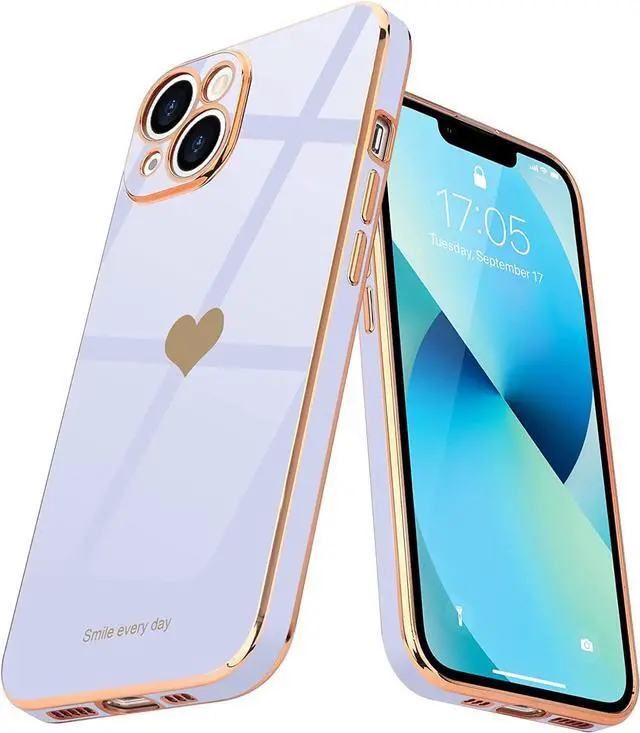 Main image of Teageo Compatible with iPhone 13 Case for Girl Women Cute Love-Heart Luxury Bling Plating Soft Back Cover Raised Full Camera Protection Bumper Silicone Shockproof Phone Case for iPhone 13, Purple