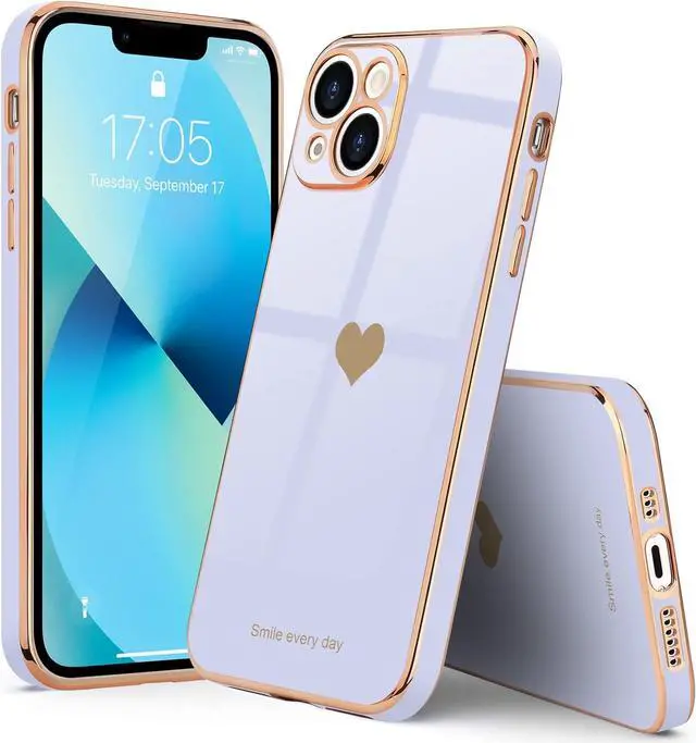 Alt view image 7 of 7 - Teageo Compatible with iPhone 13 Case for Girl Women Cute Love-Heart Luxury Bling Plating Soft Back Cover Raised Full Camera Protection Bumper Silicone Shockproof Phone Case for iPhone 13, Purple