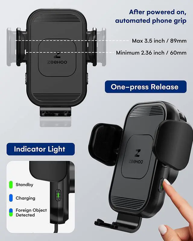 Alt view image 3 of 7 - ZeeHoo Wireless Car Charger, 15w Fast Charging, Auto Clamping Car Phone Mount, Cell Phone Holder Charger, for iPhone 15 14 13 12 11 Pro Max Xs, Etc. (Black)
