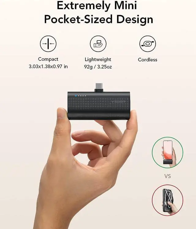 Alt view image 5 of 7 - VEGER 2 Packs of USB C Portable Chargers, 5000mAh Power Bank Fast Charge Cordless Battery Pack Compatible for iPhone 15/16/16 Plus/16 Pro/16 Pro Max, Samsung Galaxy S25/S24/S23 Android