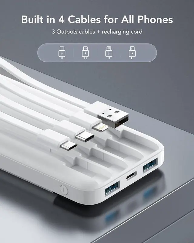Alt view image 2 of 7 - Portable Charger with Built in Cables, Portable Charger with Cords Wires Slim 10000mAh Travel Battery Pack 6 Outputs 3 Inputs 3A Fast Charging Power Bank for Samsung Google Pixel LG Moto iPhone iPad